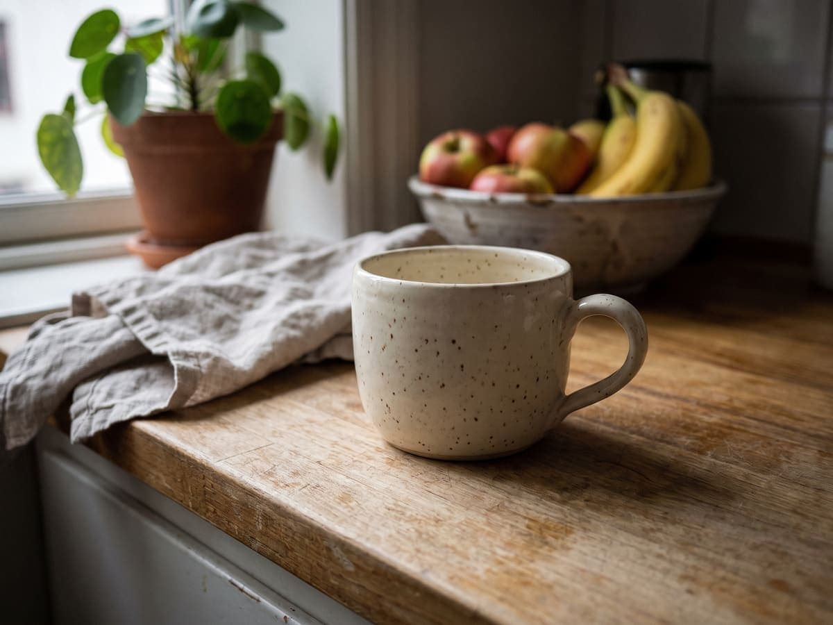 A speckled ceramic mug on a cluttered kitchen counter