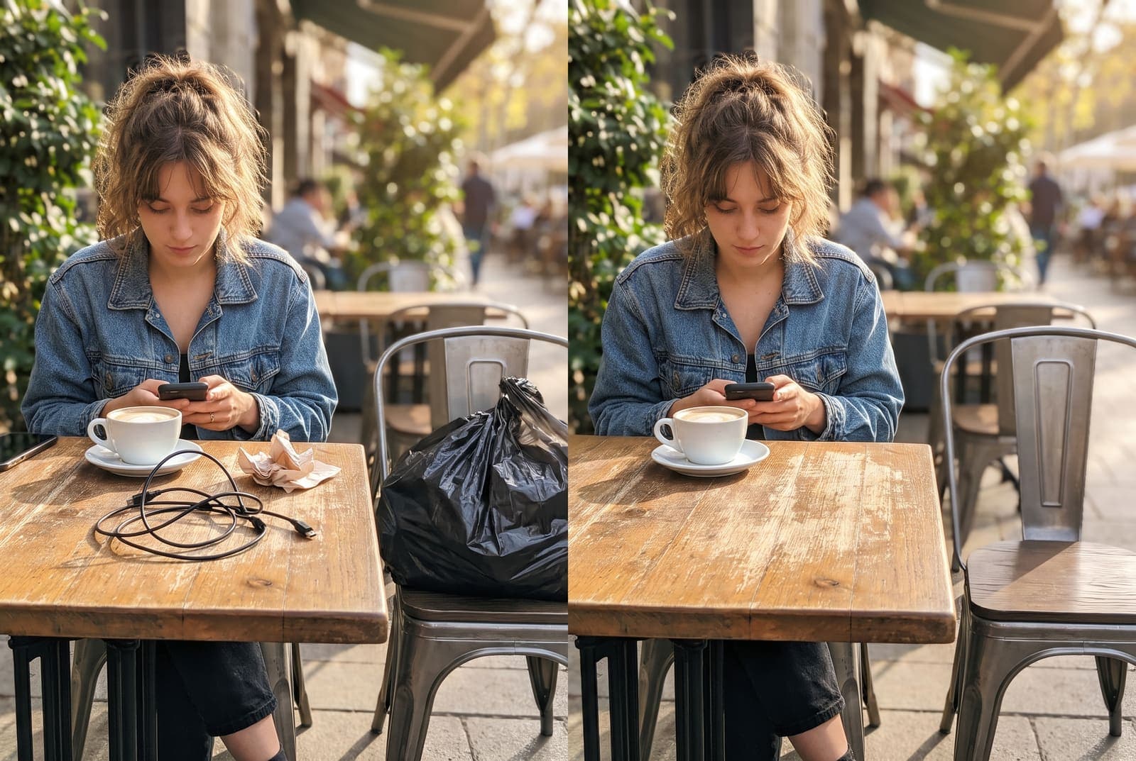 A woman at a cafe table with a latte, with cables, a napkin and a trash bag on the left and the clutter erased on the right