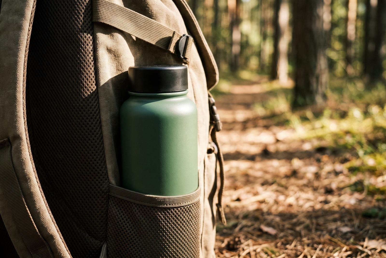 A forest-green insulated water bottle in the side pocket of a hiking backpack on a sunlit trail, a lifestyle secondary image for an Amazon listing