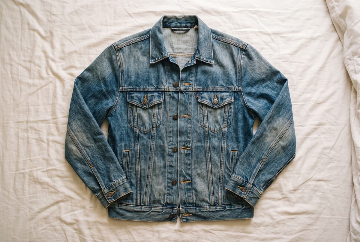 A faded blue denim jacket laid flat on a plain cream bedsheet, shot from above, like a Depop listing cover photo