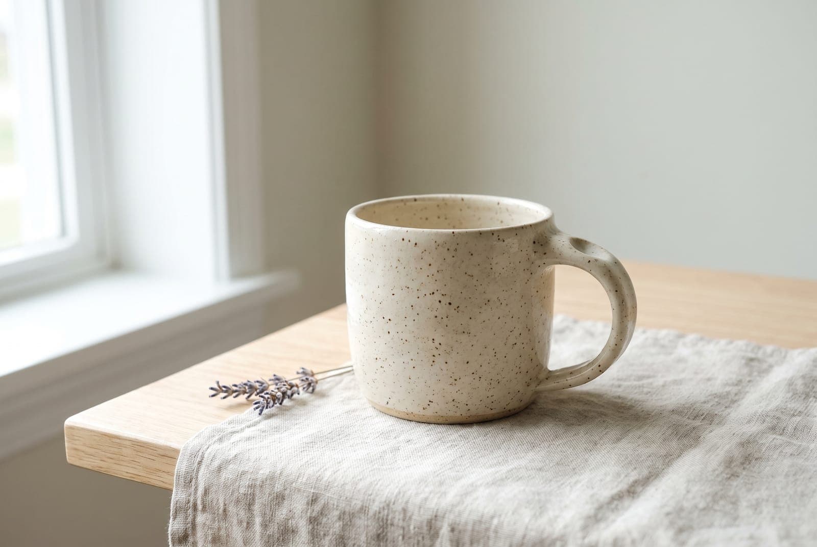 A handmade speckled stoneware mug on a linen cloth by a window, shot as the first photo of an Etsy listing