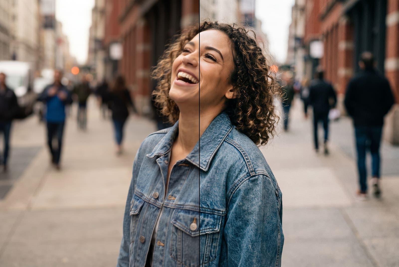 A young woman laughing mid-motion on a city sidewalk, soft with slight blur on the left and sharp with visible eyelashes on the right