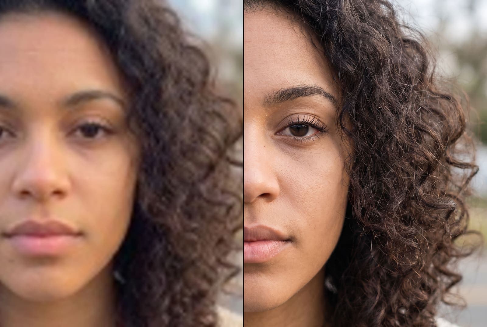 A close portrait of a young woman with curly hair, soft and blocky on the left and sharp with visible eyelashes and hair strands on the right