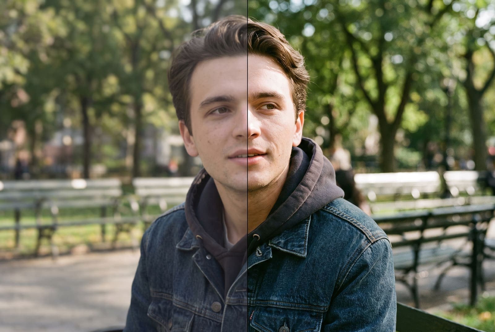 A man in a denim jacket in a park, dull and noisy on the left and sharper with balanced color on the right