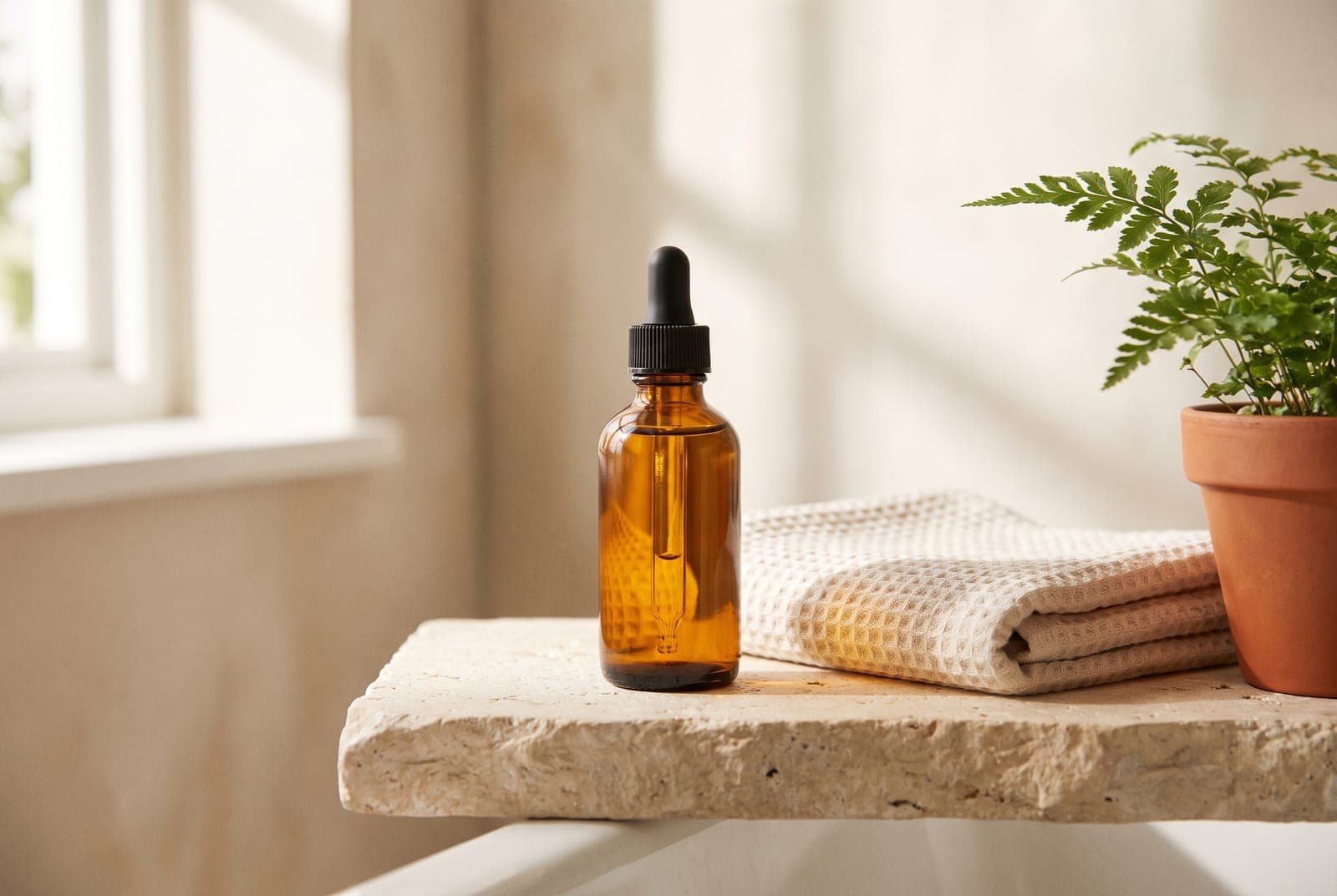 An amber glass dropper bottle on a pale stone bathroom shelf with a folded towel and a small plant, shot as a lifestyle product photo
