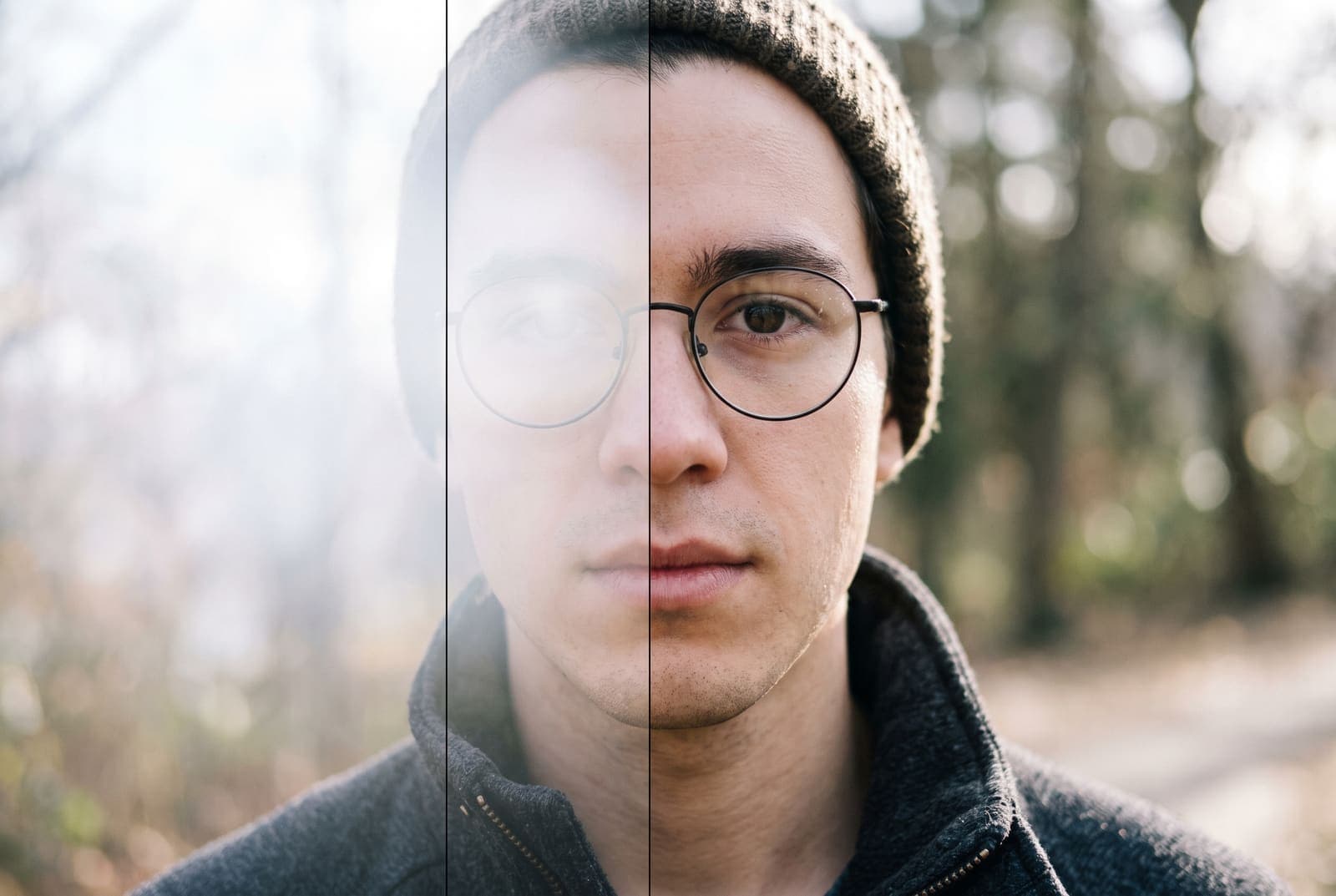 A young man in round glasses with bright glare hiding his eyes on the left, and clear lenses with visible eyes on the right