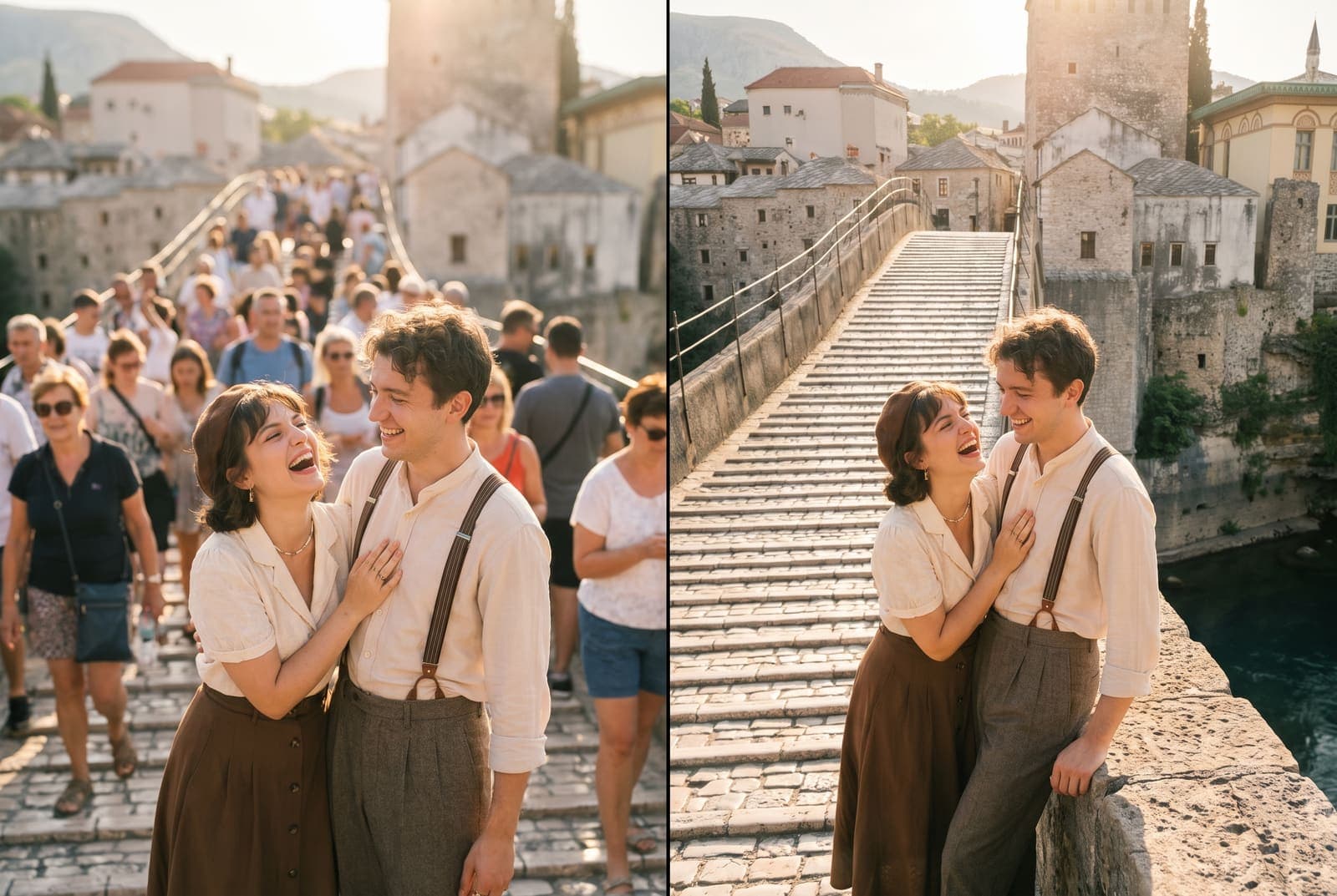 A couple laughing on a stone bridge, with the crowd of tourists behind them on the left and the same photo with the tourists removed on the right