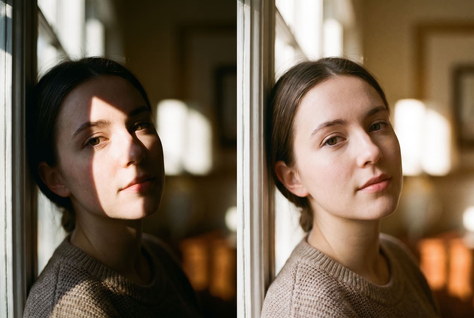 A close portrait of a young woman with a hard shadow across half of her face on the left, and soft even light on the right