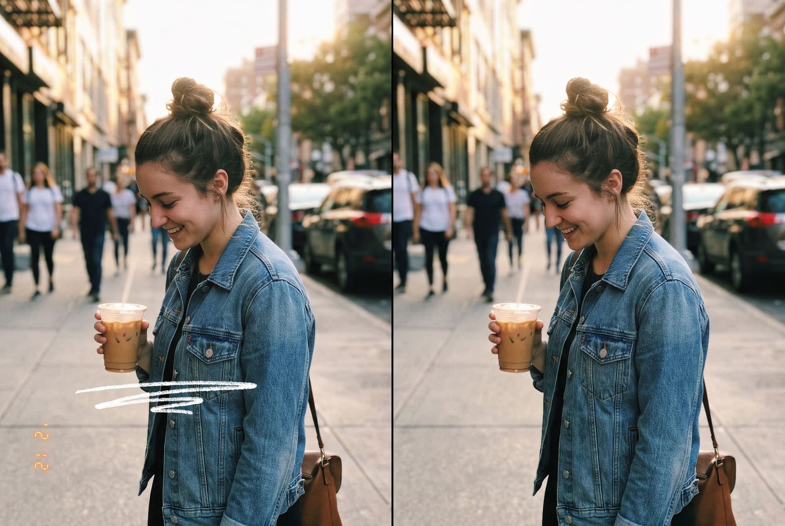 A young woman holding an iced coffee on a street, with a caption and date stamp burned into the left half and the clean photo on the right