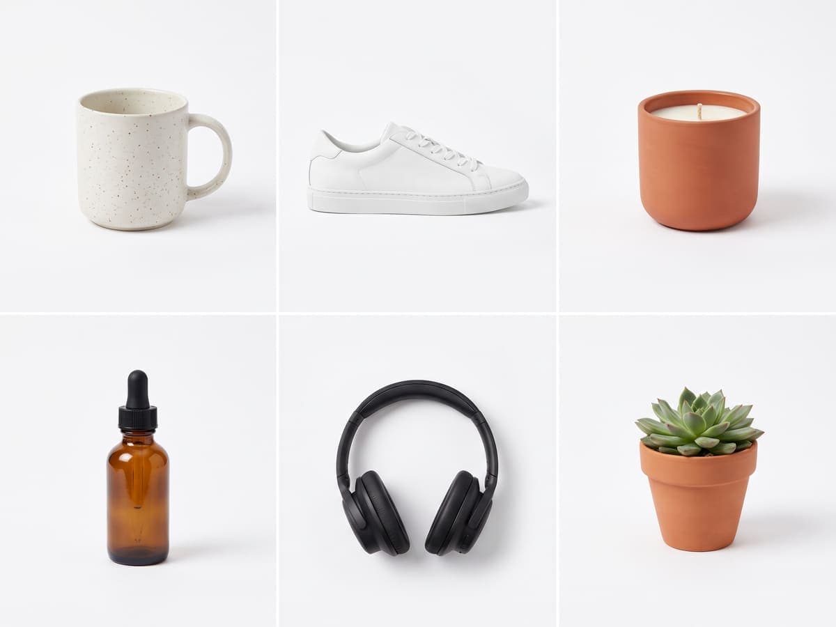Six different products arranged in a grid, each on the same pure white background