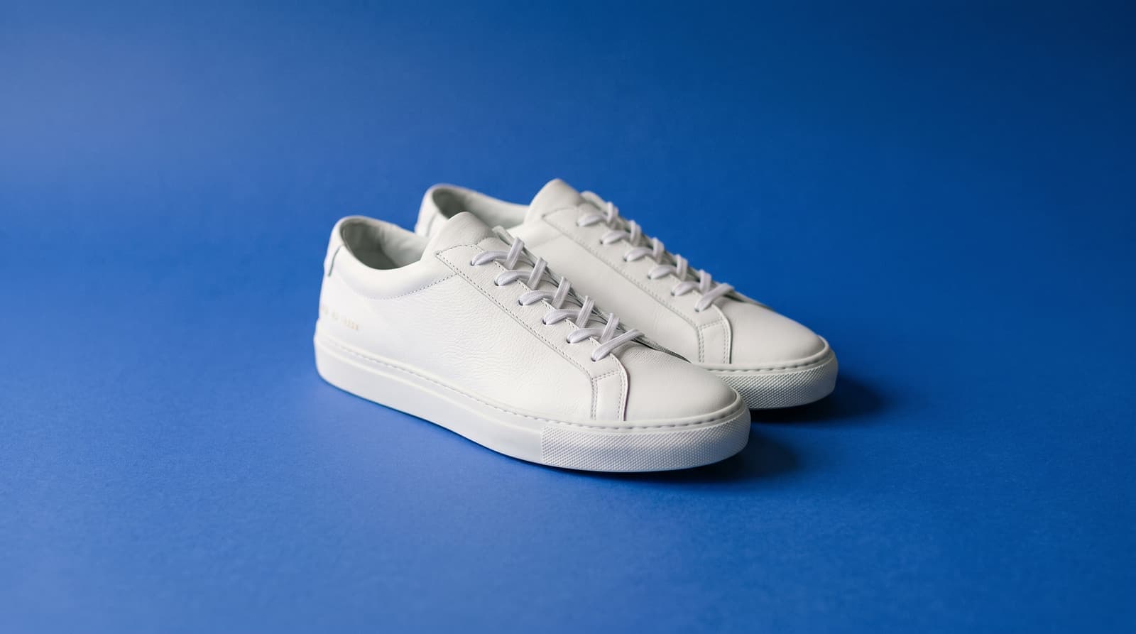 White leather sneakers on a flat cobalt blue background with a soft shadow