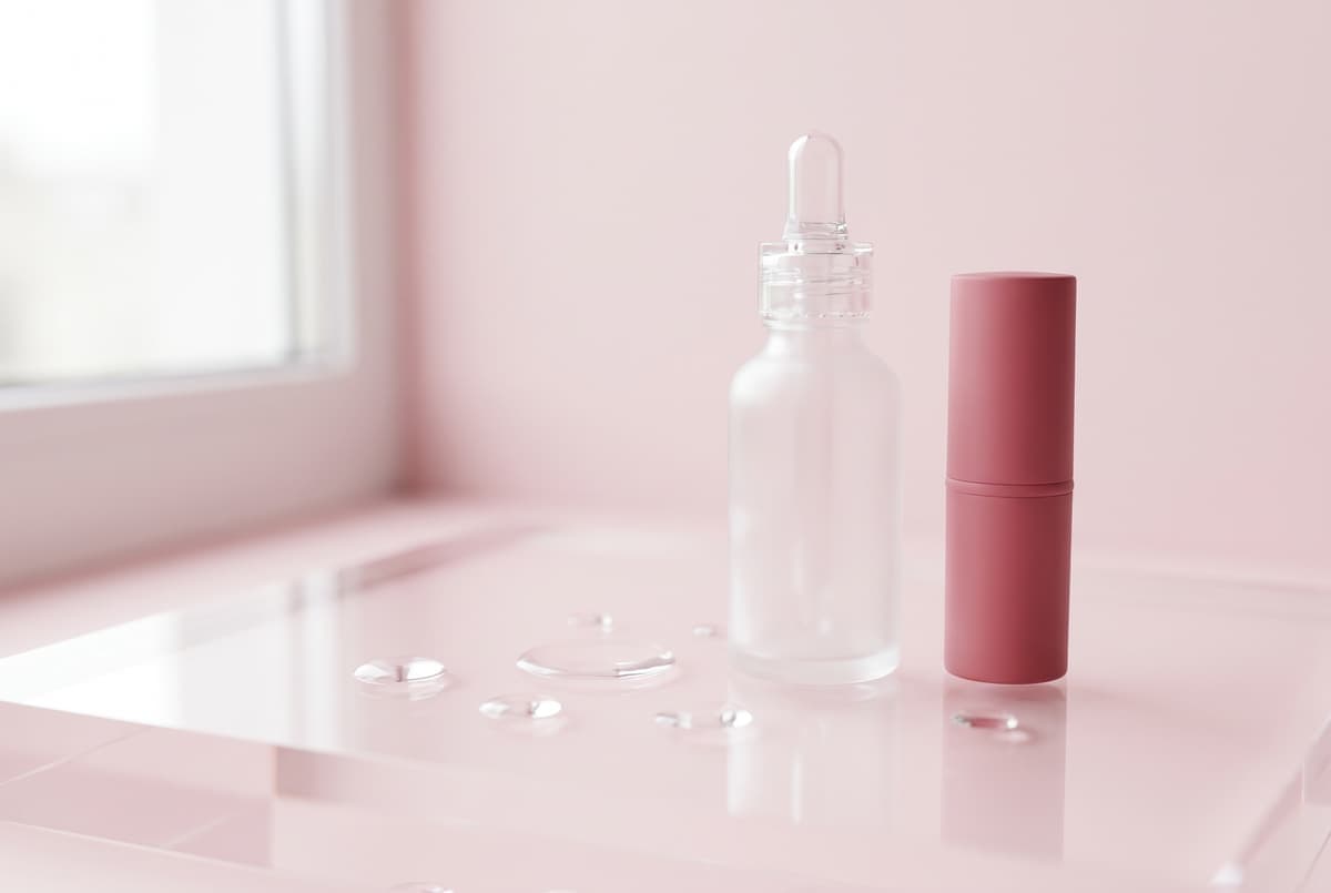 A frosted glass serum bottle and a matte pink lipstick on a pale pink surface with water droplets in soft window light