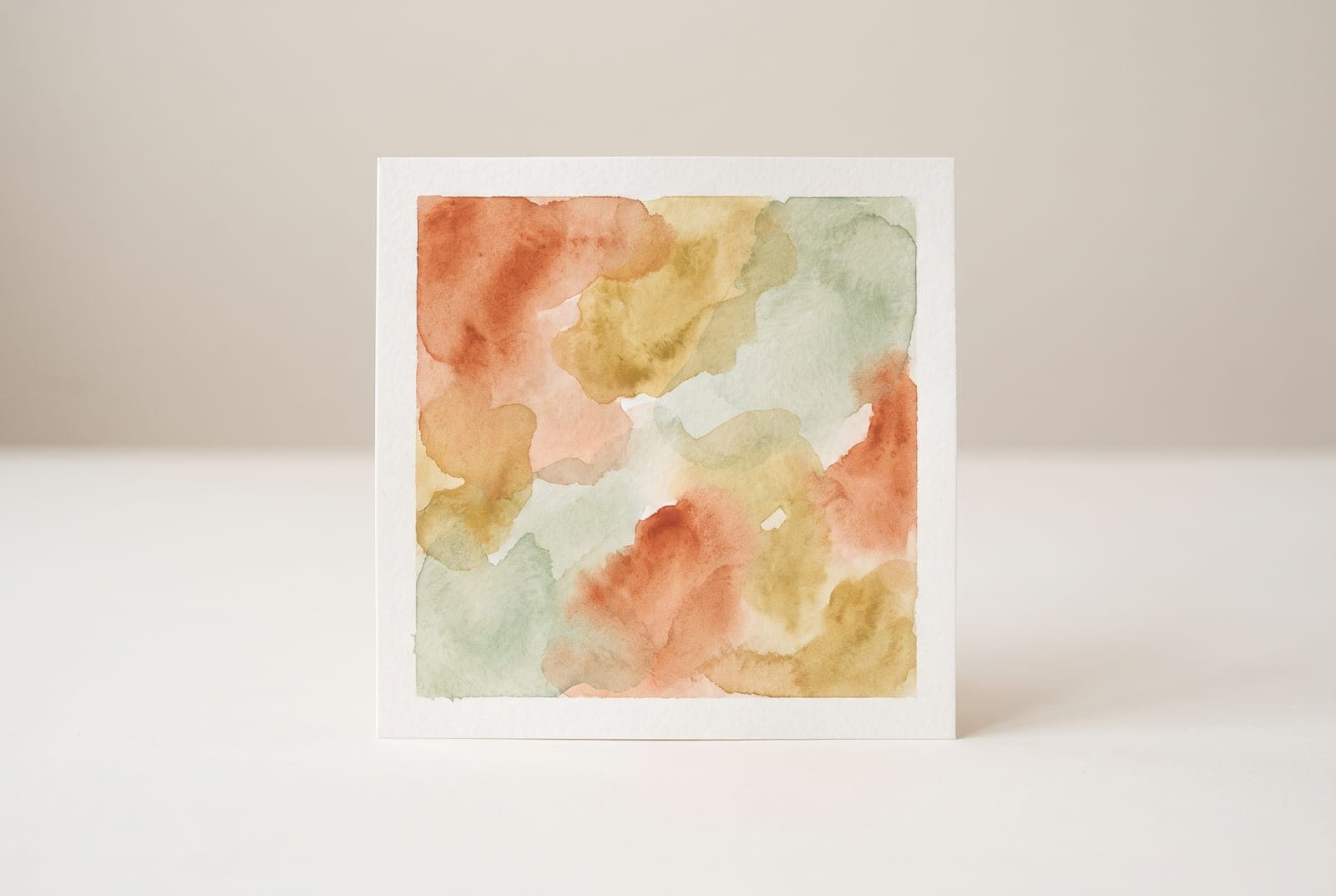 A small abstract watercolor painting in terracotta, ochre and sage photographed flat and square on with even light and no glare