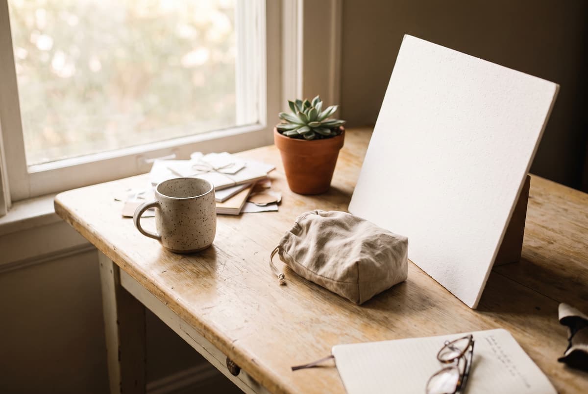 A maker's desk by a window with a ceramic mug, a linen pouch, a small plant and a white card used as a reflector