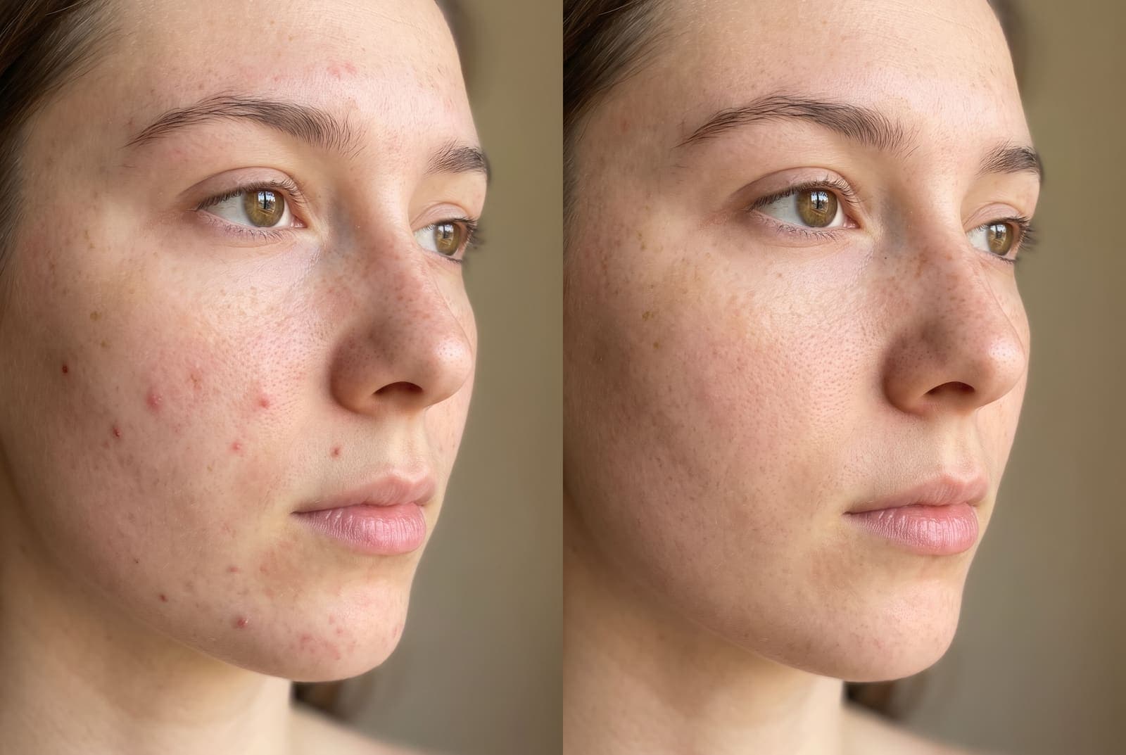 A close portrait of a freckled young woman with a few blemishes on the left, and the same photo with the blemishes gone but pores and freckles intact on the right