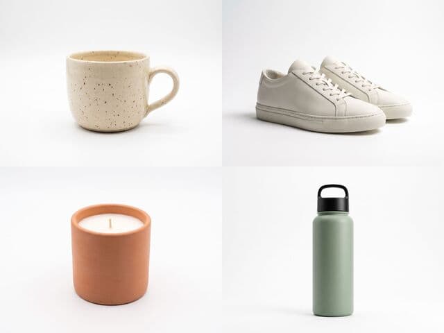 Four product photos turning from messy phone shots into clean white catalog images, one after another