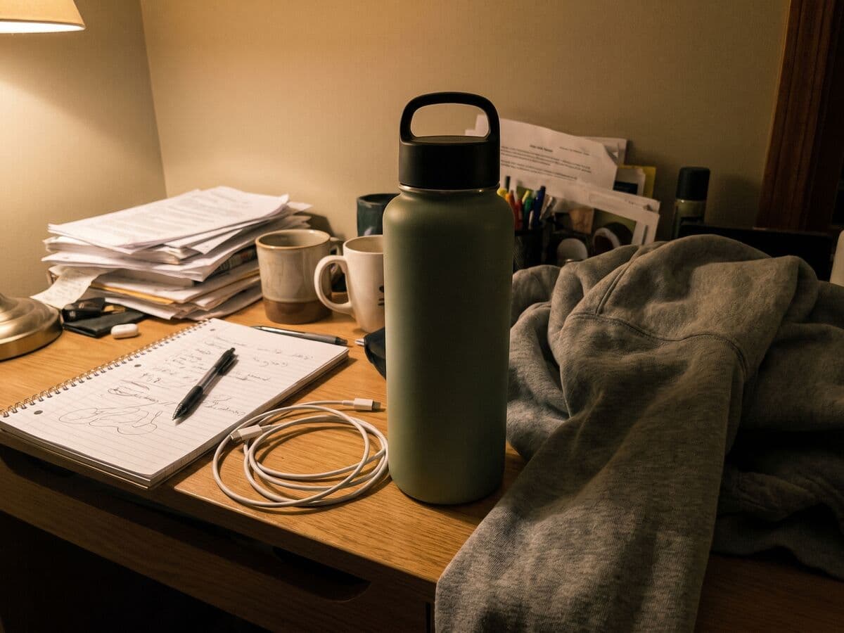 Eine grüne Flasche auf einem unaufgeräumten Schreibtisch mit Papieren, Tassen und Kabeln