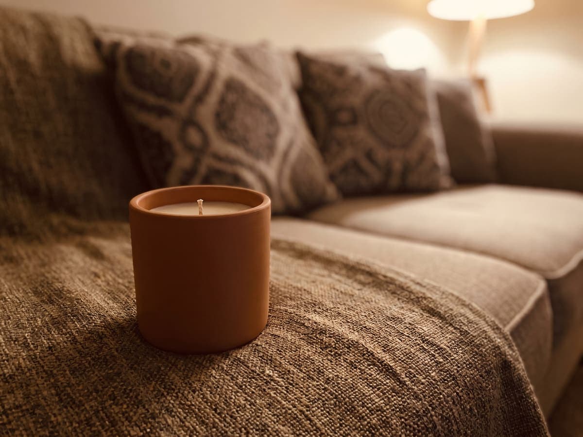A terracotta candle on a sofa with cushions and a throw blanket
