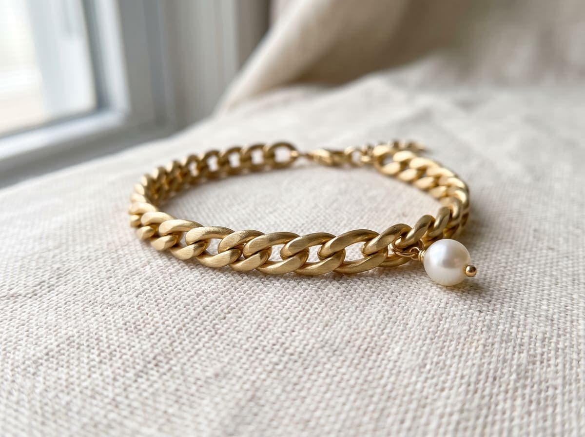 The same gold chain bracelet with a pearl charm on linen, sharp after upscaling