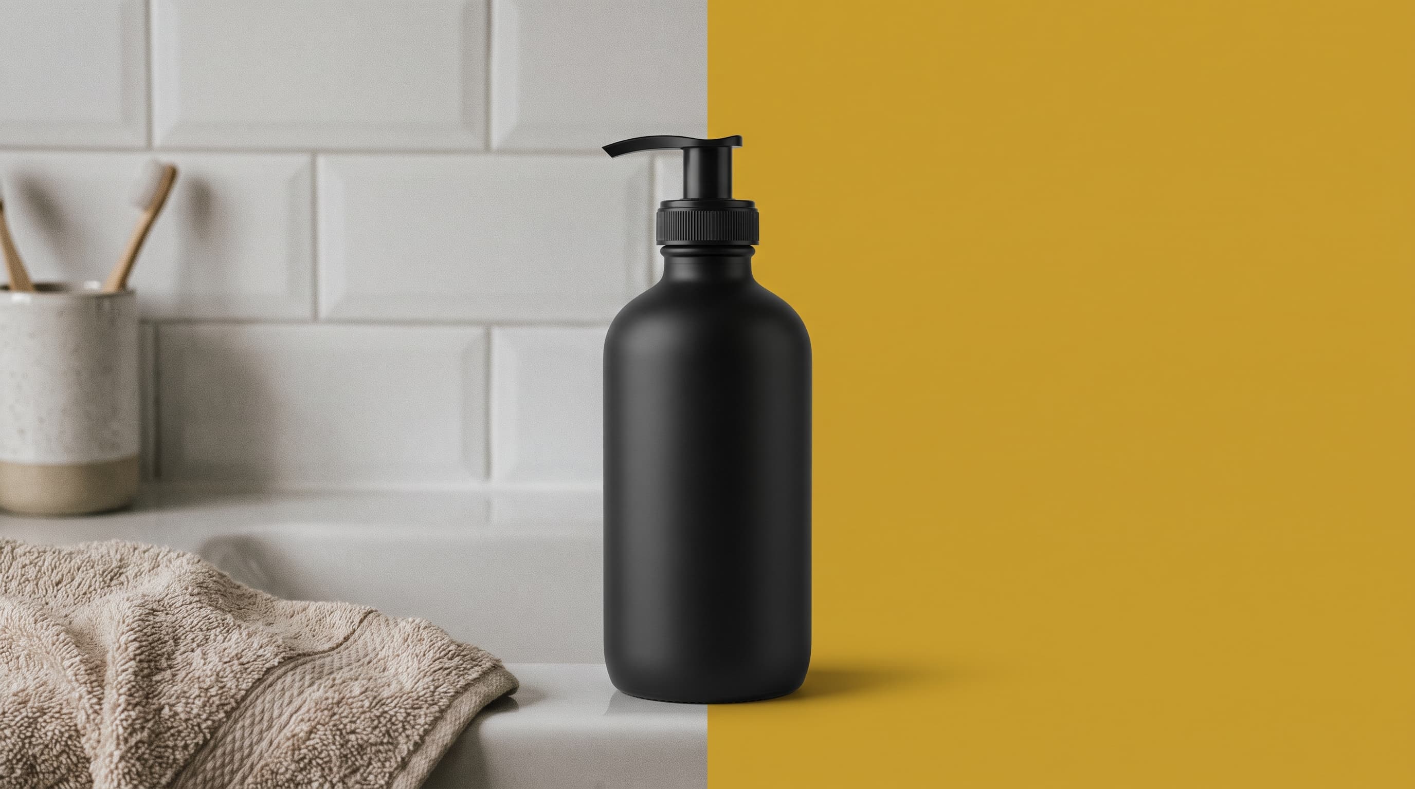 A matte black pump bottle on a tiled bathroom counter on the left, cut out onto a flat gold background on the right
