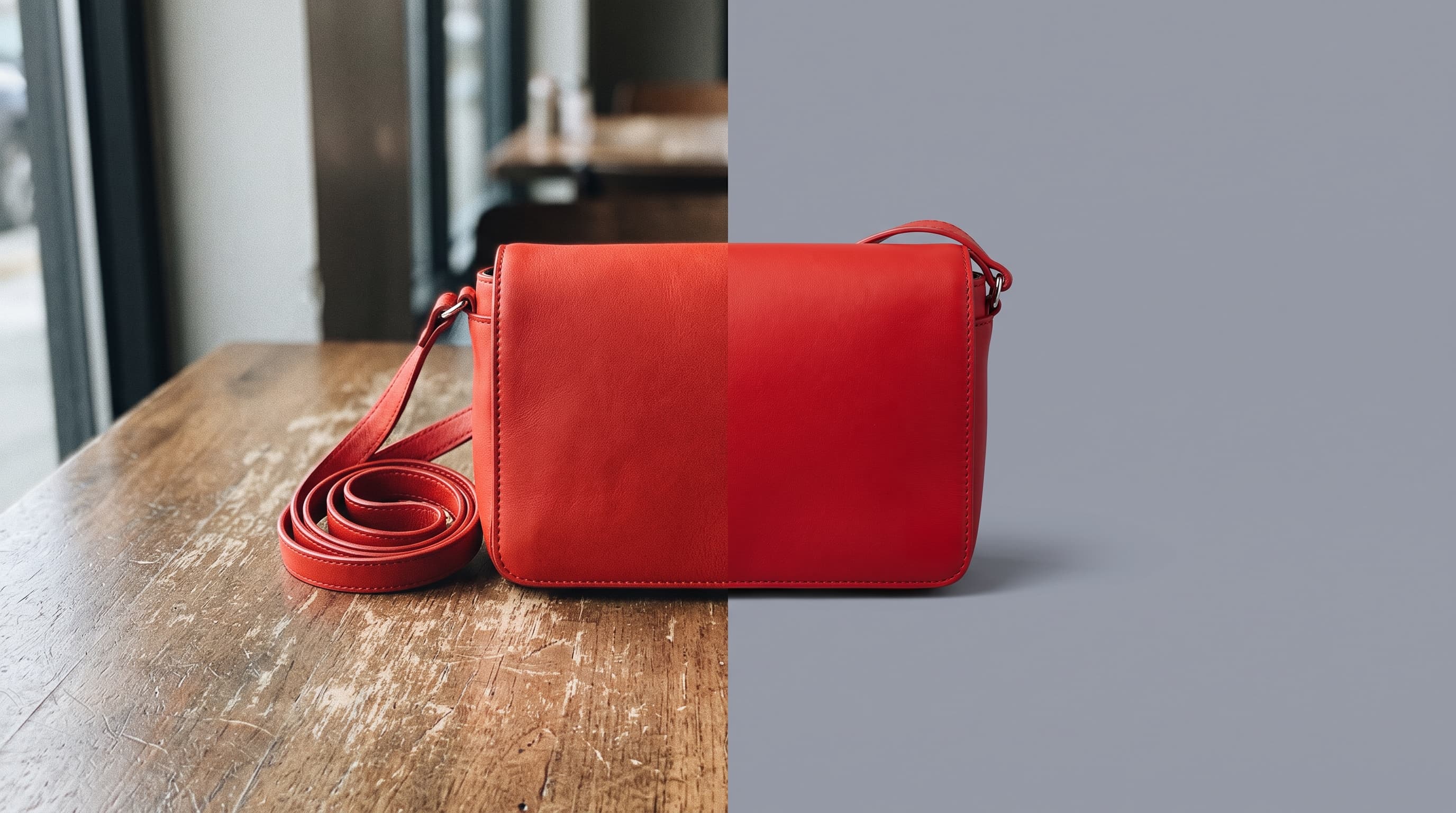 A bright red leather crossbody bag with a coiled strap on a wooden cafe table on the left, cut out onto a flat medium gray background on the right