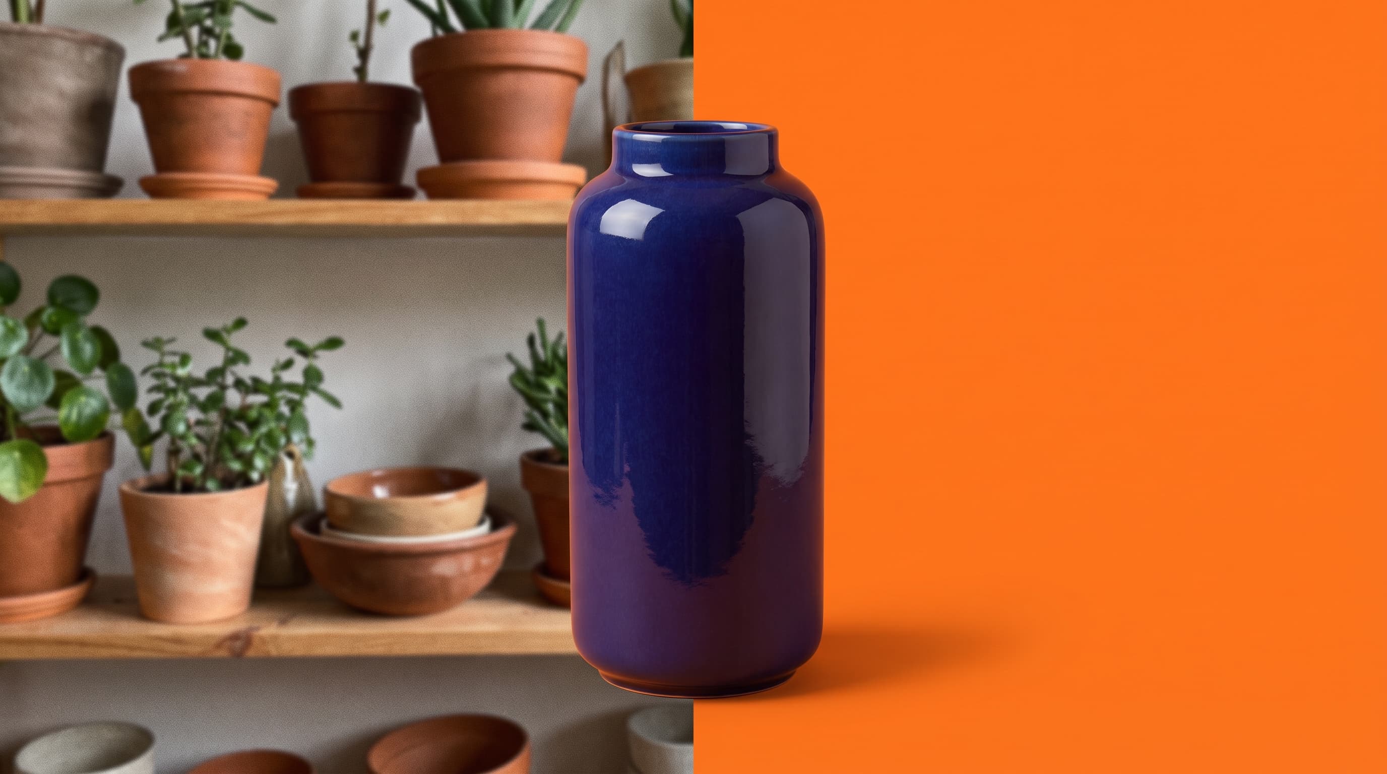 A tall indigo blue glazed vase on a shelf of terracotta pots on the left, cut out onto a flat tangerine orange background on the right