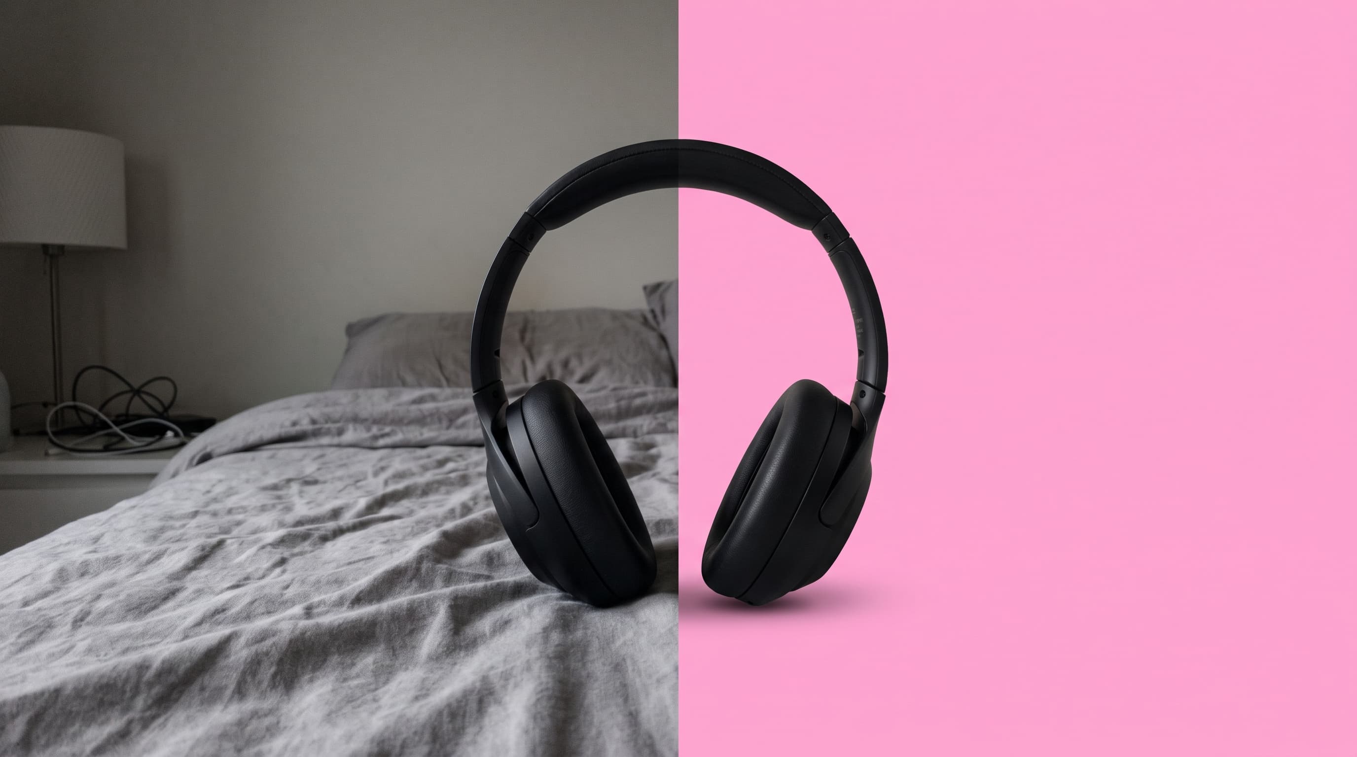 Black over-ear headphones standing on a rumpled grey bed on the left, cut out onto a flat bubblegum pink background on the right