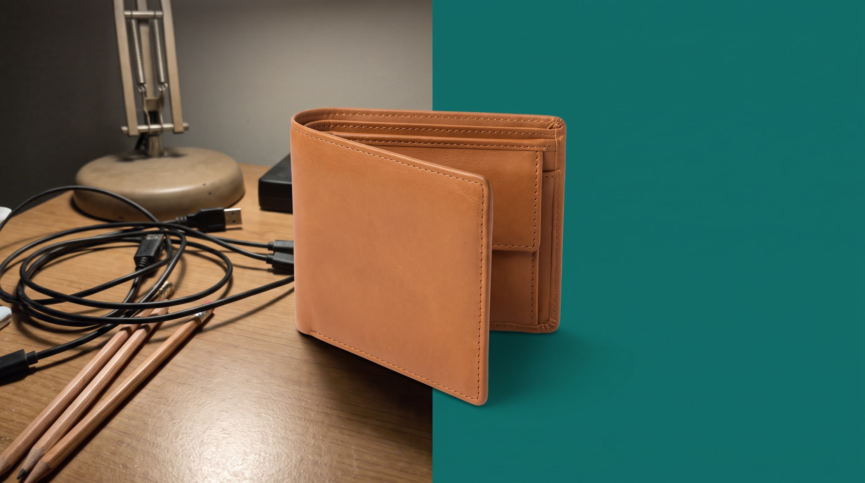 A tan leather bifold wallet on a messy desk with cables and pencils on the left, cut out onto a flat deep teal background on the right