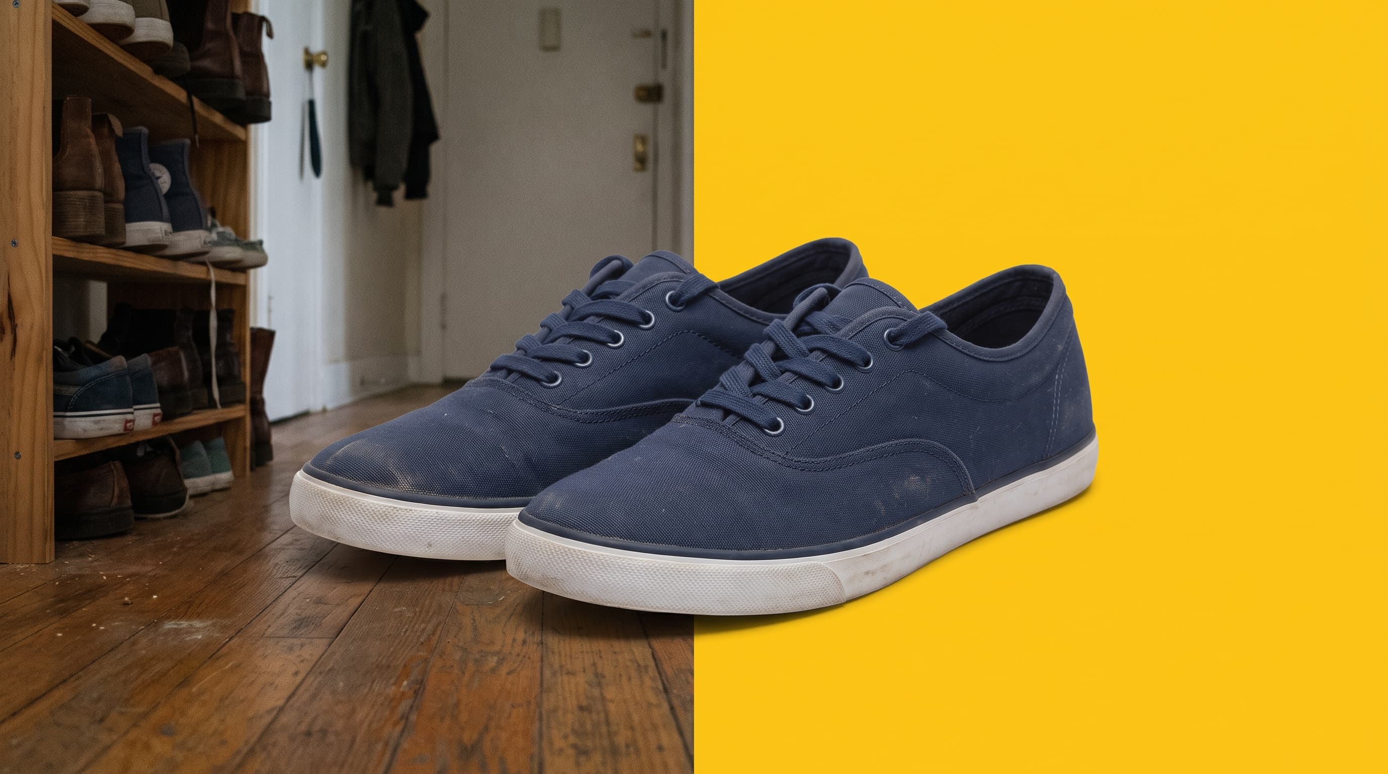 Navy canvas sneakers on a scuffed hallway floor on the left, cut out onto a flat sunflower yellow background on the right