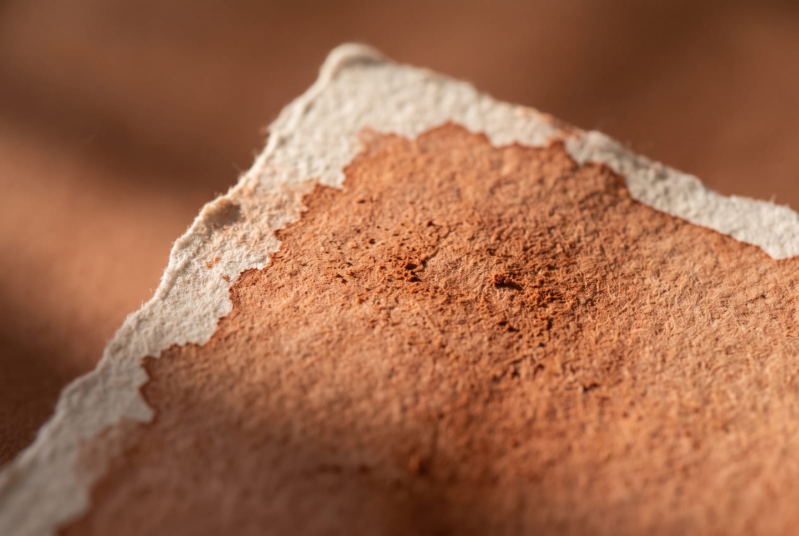 A close-up of watercolor paper with a terracotta wash, pigment granulation and paper texture sharp in raking light
