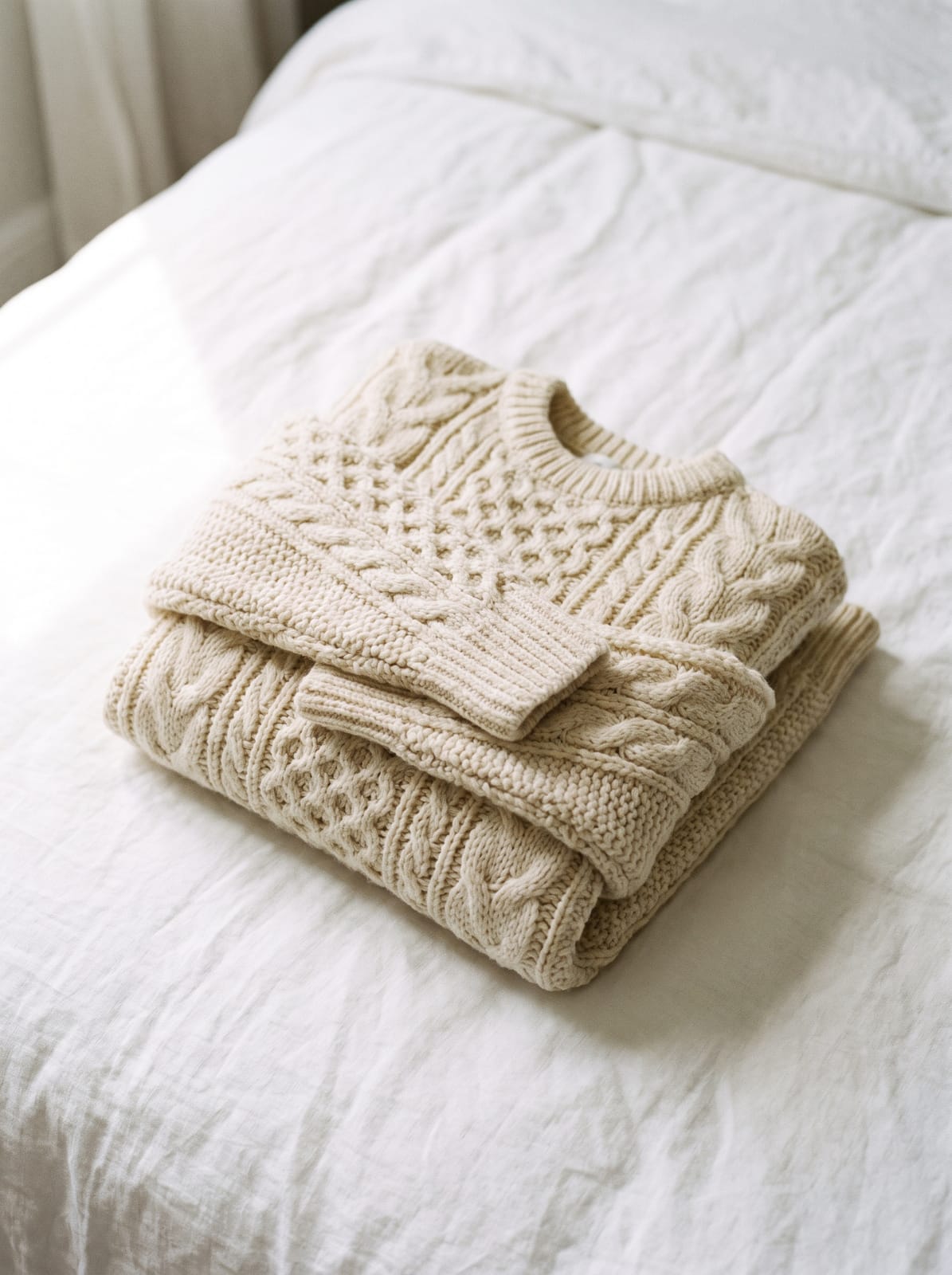 A cream cable-knit sweater folded flat on a white sheet, shot from above in portrait