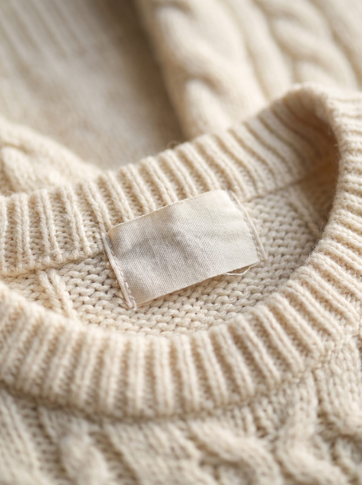 Close-up of the neck tag inside a cream sweater, held flat in daylight