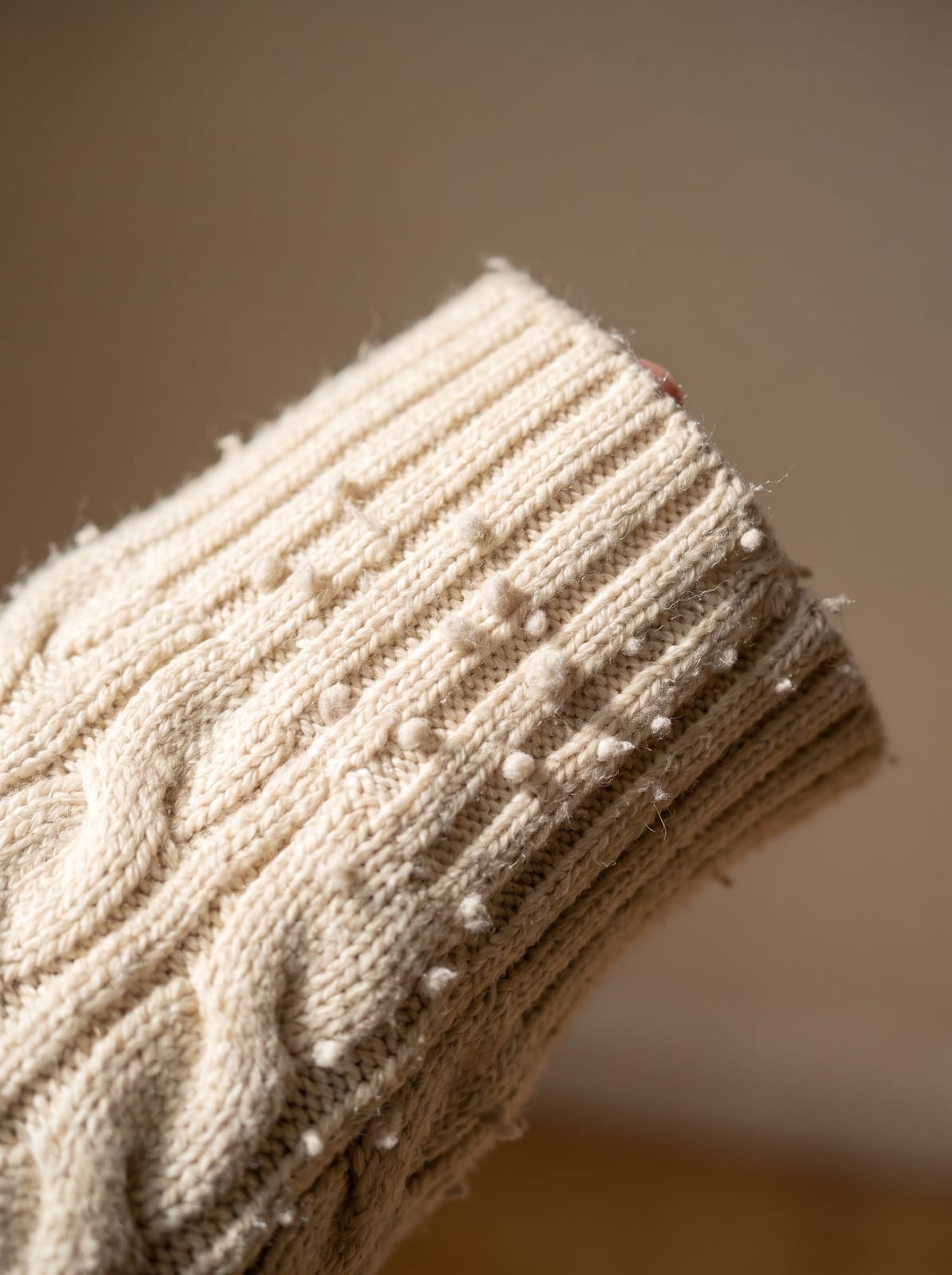 Close-up of light pilling on a sweater cuff in raking window light