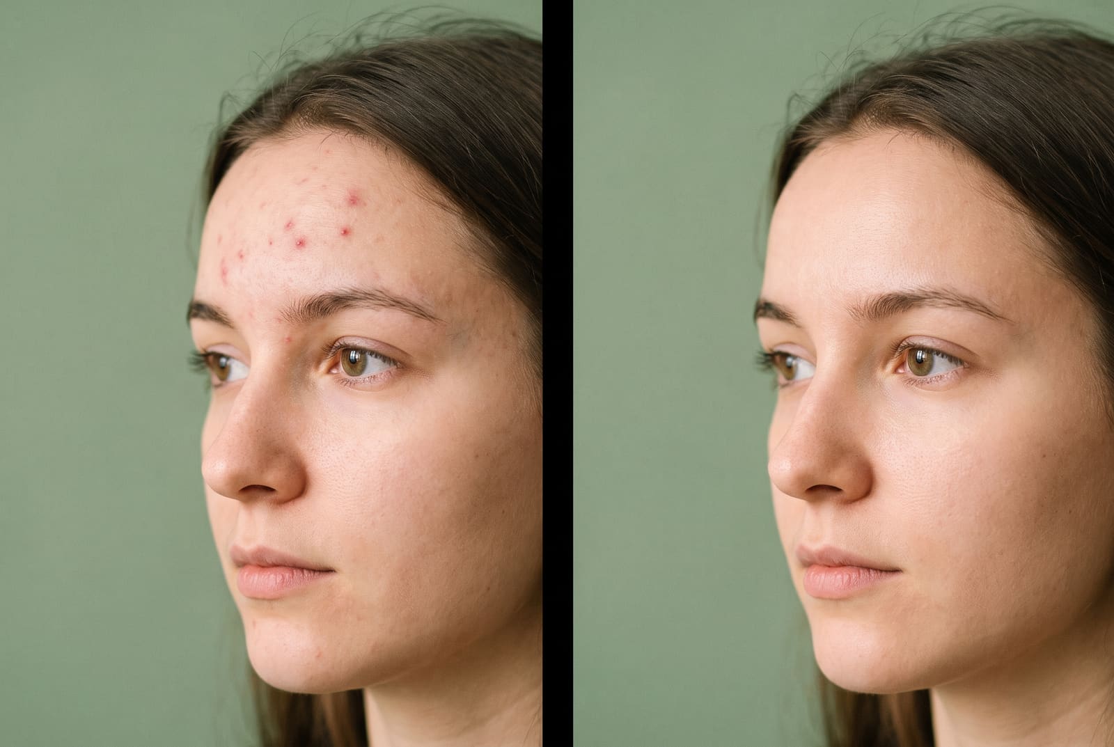 A profile photo before and after a forehead breakout is removed