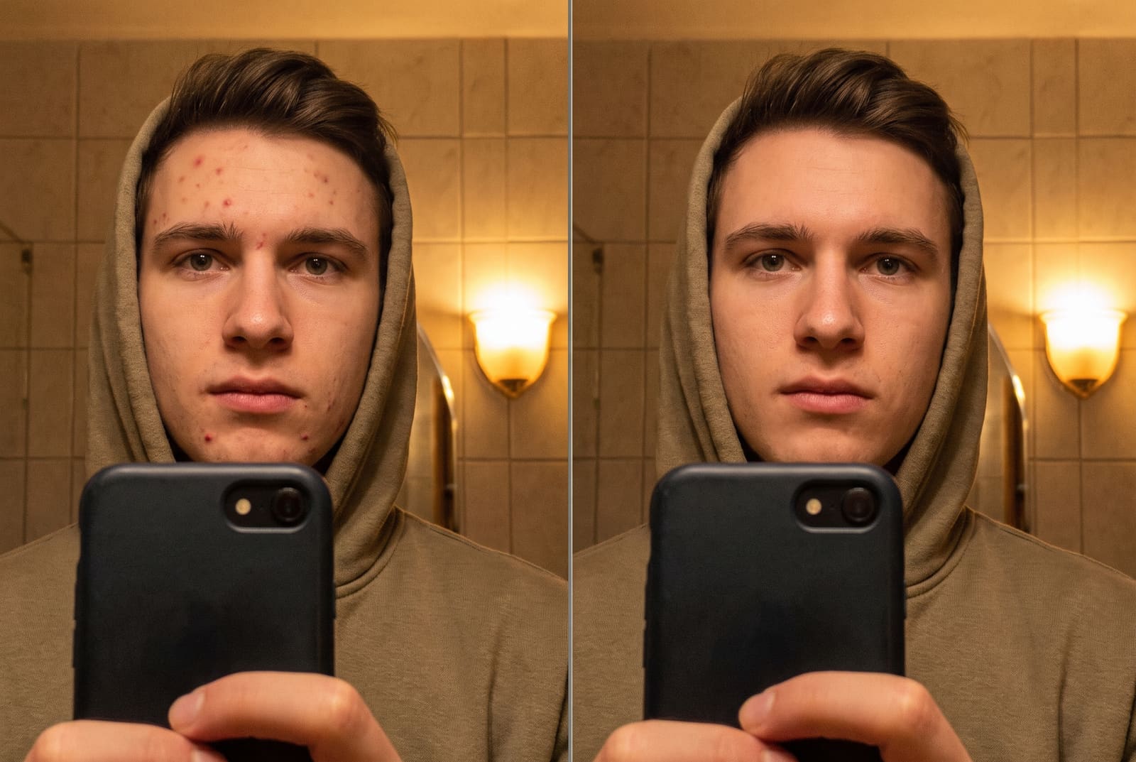 A selfie with pimples on the forehead and jaw removed