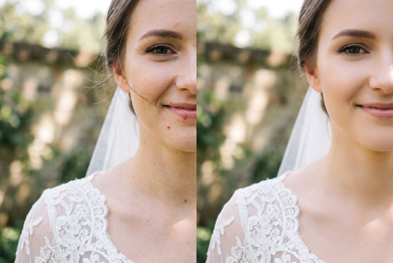 A bride's portrait with a small blemish removed and natural skin